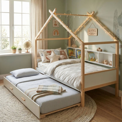 House Bed With Bookshelf Storage two twin light wood beds with drawers HouseOfZazla on Tampa Home & Garden Store