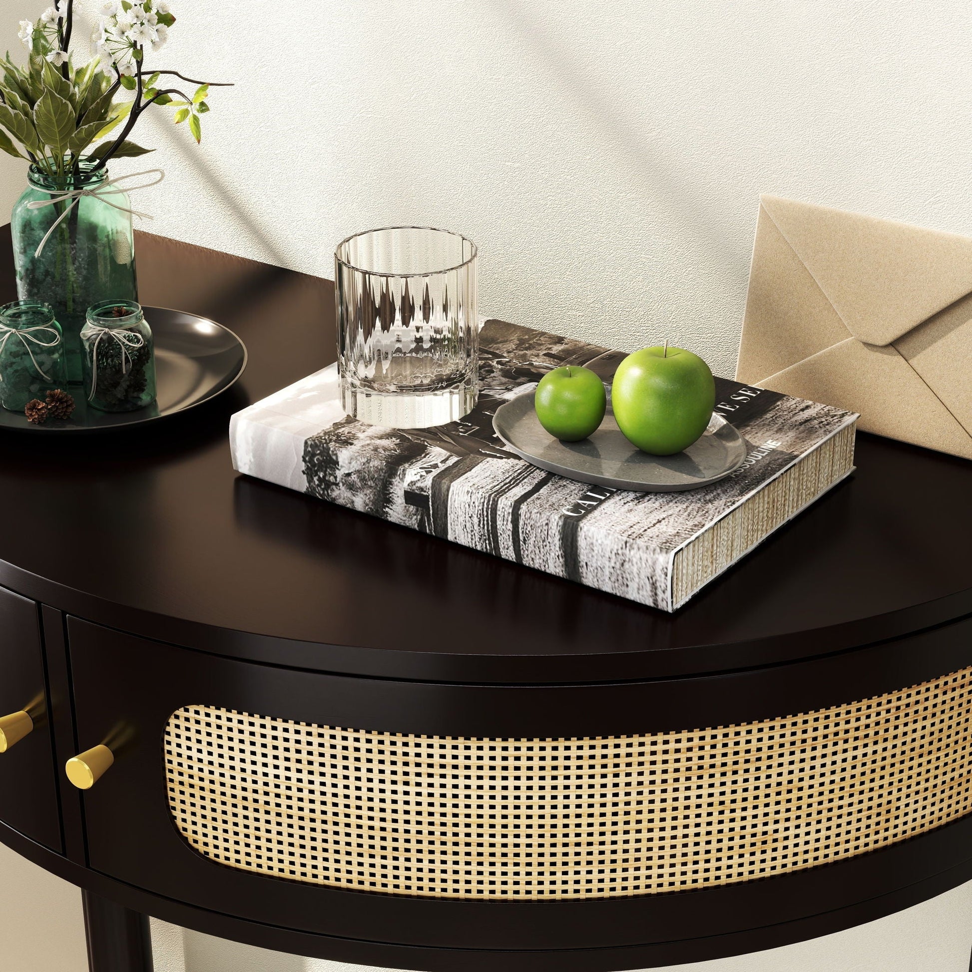 Boho rattan semicircle end table by HouseOfZazla with sliding door, storage and bottom shelf on Tampa Home & Garden Store