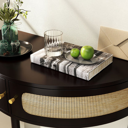 Boho rattan semicircle end table by HouseOfZazla with sliding door, storage and bottom shelf on Tampa Home & Garden Store