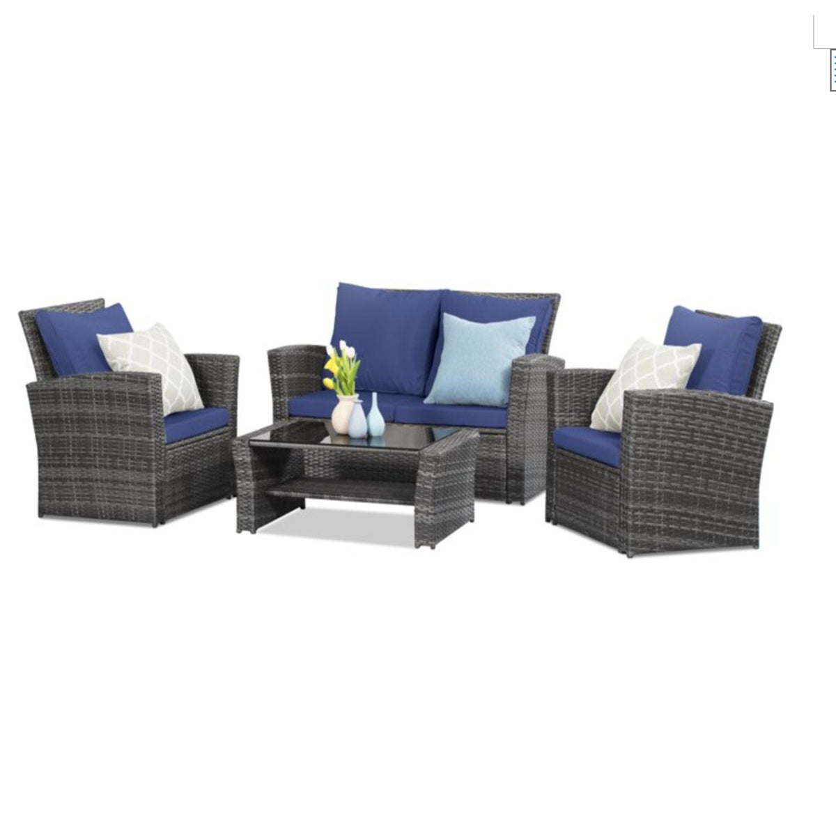 HouseOfZazla Modern Patio Set with Cushions 4-piece wicker seating with navy cushions on Tampa Home & Garden Store