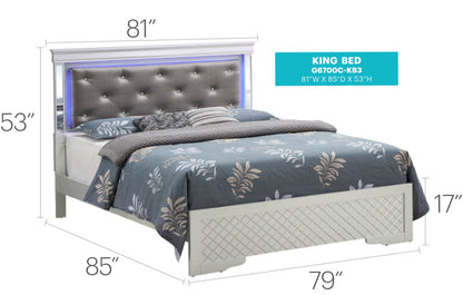 King bed with LED-lit tufted grey headboard and diamond-patterned footboard by HouseOfZazla on Tampa Home & Garden Store