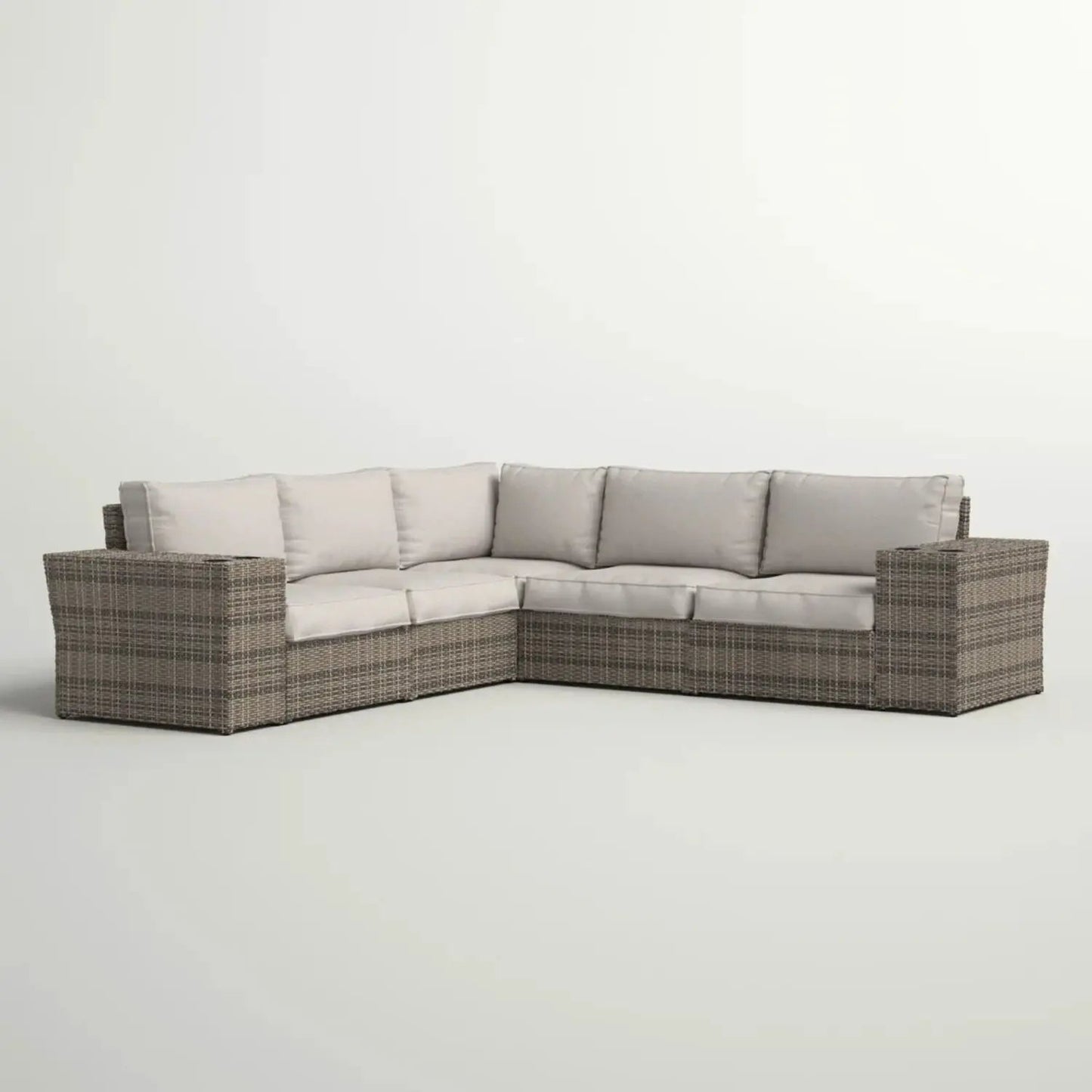 Wide outdoor wicker patio sectional with gray cushions, stationary by Unique Piece Furniture on Tampa Home & Garden Store