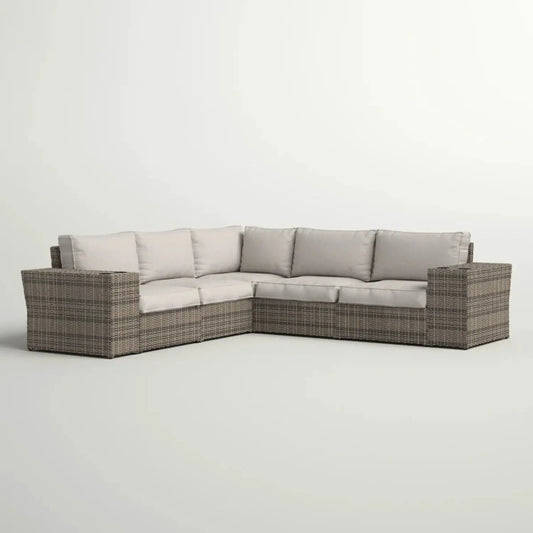 Wide outdoor wicker patio sectional with gray cushions, stationary by Unique Piece Furniture on Tampa Home & Garden Store