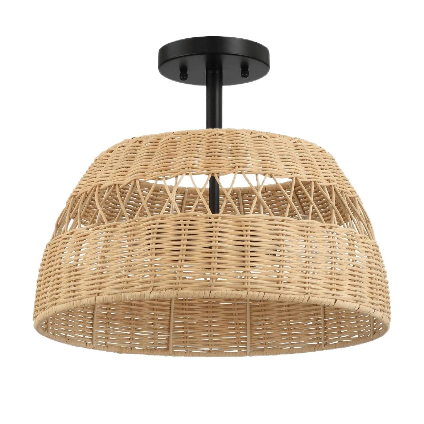 Twinkle ceiling lamp with double lights, semi-flush mount, black canopy and woven rattan shade on Tampa Home & Garden Store
