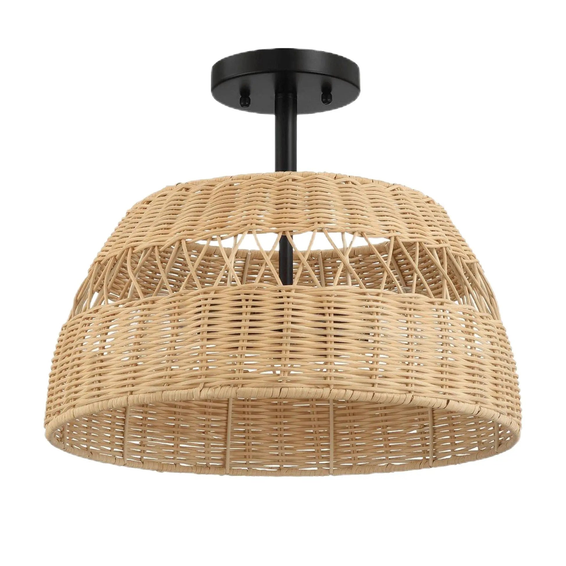 Twinkle ceiling lamp with double lights, semi-flush mount, black canopy and woven rattan shade on Tampa Home & Garden Store