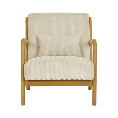 Corduroy Upholstered Wooden Armchair by HouseOfZazla, beige fabric, natural wood frame on Tampa Home & Garden Store