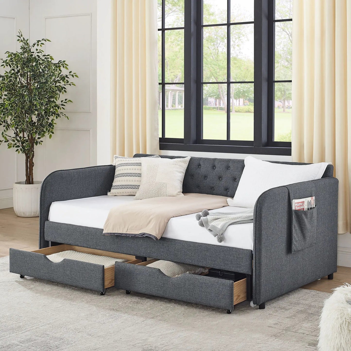 Daybed With Trundle and Storage Drawers Flat Arms