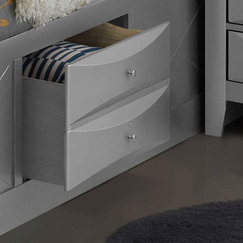 Modern storage bed with bookcase headboard in gray; dual drawers with knobs, bedding visible on Tampa Home & Garden Store