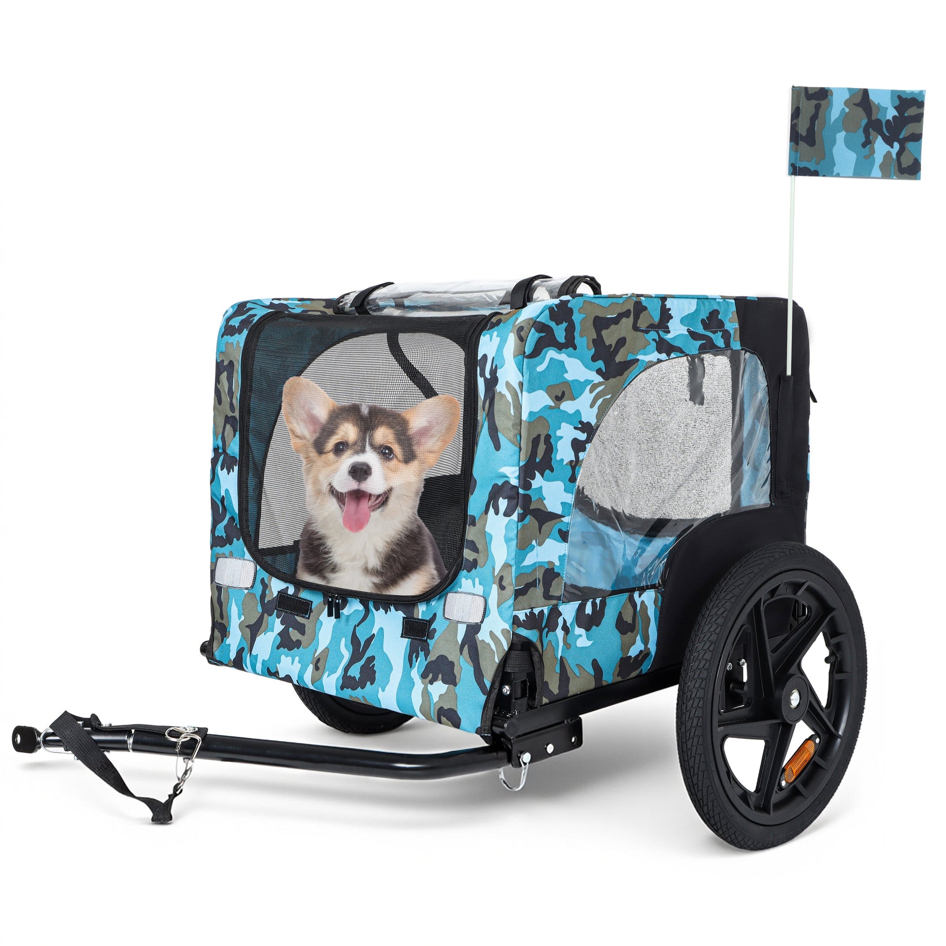 Outdoor collapsible pet bike trailer with blue camo and 16-inch wheels HouseOfZazla on Tampa Home & Garden Store