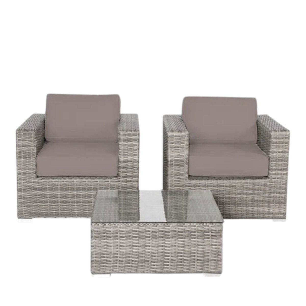 Wicker outdoor 3-piece seating set with taupe cushions and glass-top table, 2 chairs on Tampa Home & Garden Store