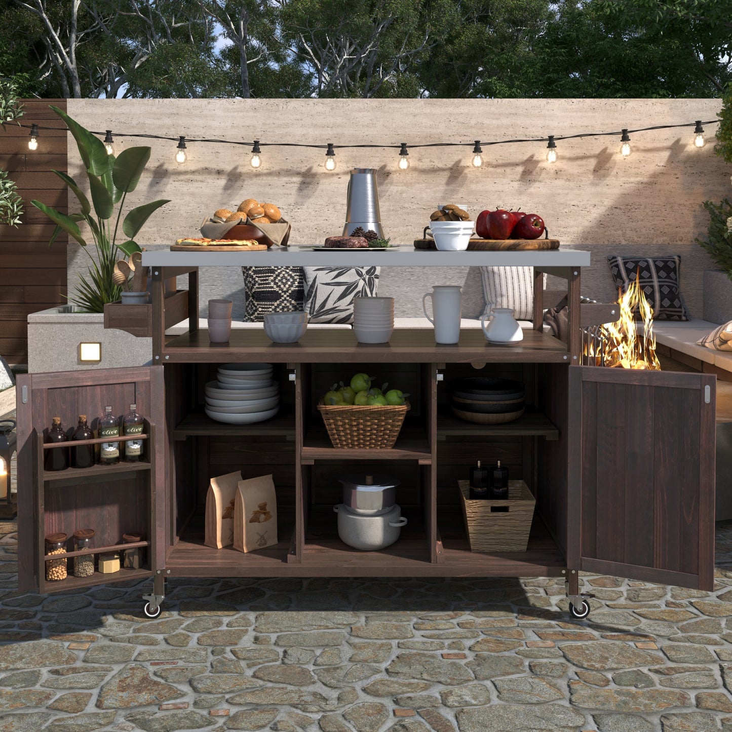 K&K Outdoor Kitchen Island rolling bar cart & storage cabinet in dark wood HouseOfZazla on Tampa Home & Garden Store