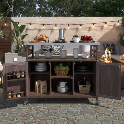 K&K Outdoor Kitchen Island rolling bar cart & storage cabinet in dark wood HouseOfZazla on Tampa Home & Garden Store
