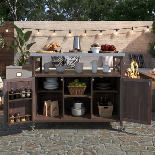 K&K Outdoor Kitchen Island rolling bar cart & storage cabinet in dark wood HouseOfZazla on Tampa Home & Garden Store