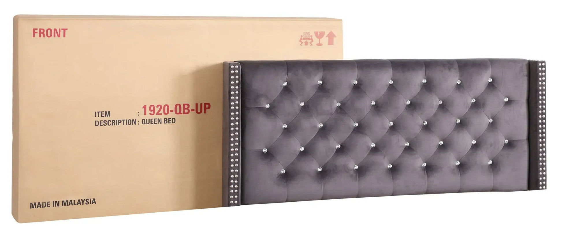 Upholstered nailhead-trim queen bed headboard in gray velvet with crystals on Tampa Home & Garden Store