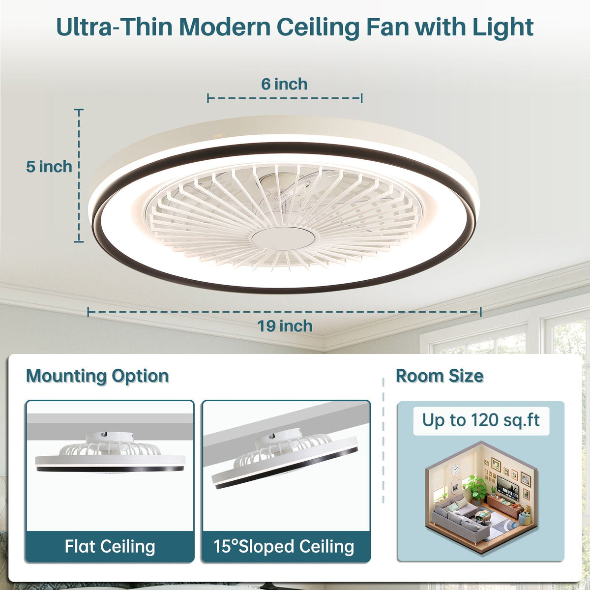RGB Dimmable LED Bladeless Ceiling Fan by HouseOfZazla with Remote, RGB ring on Tampa Home & Garden Store