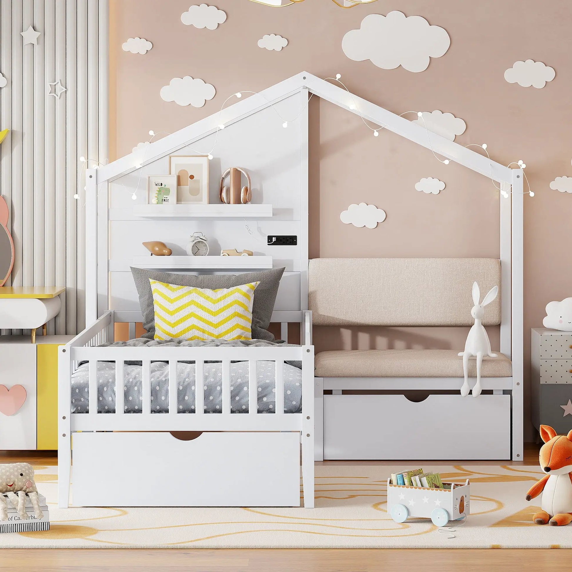 House bed with upholstered sofa, built-in shelves, wireless charging and 2 drawers in white on Tampa Home & Garden Store