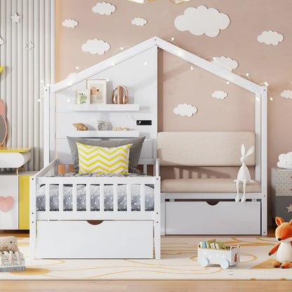 House bed with upholstered sofa, built-in shelves, wireless charging and 2 drawers in white on Tampa Home & Garden Store