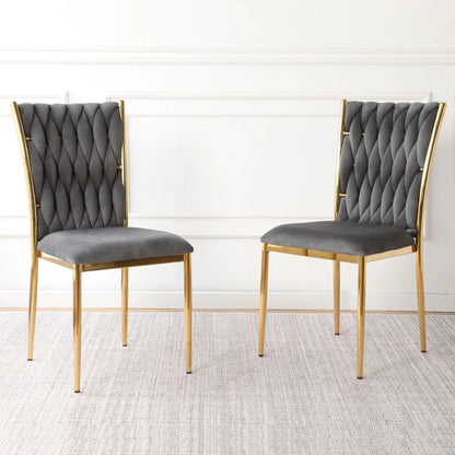 Two Modern Dining Chairs with gray tufted upholstery and gold metal frames for dining room on Tampa Home & Garden Store