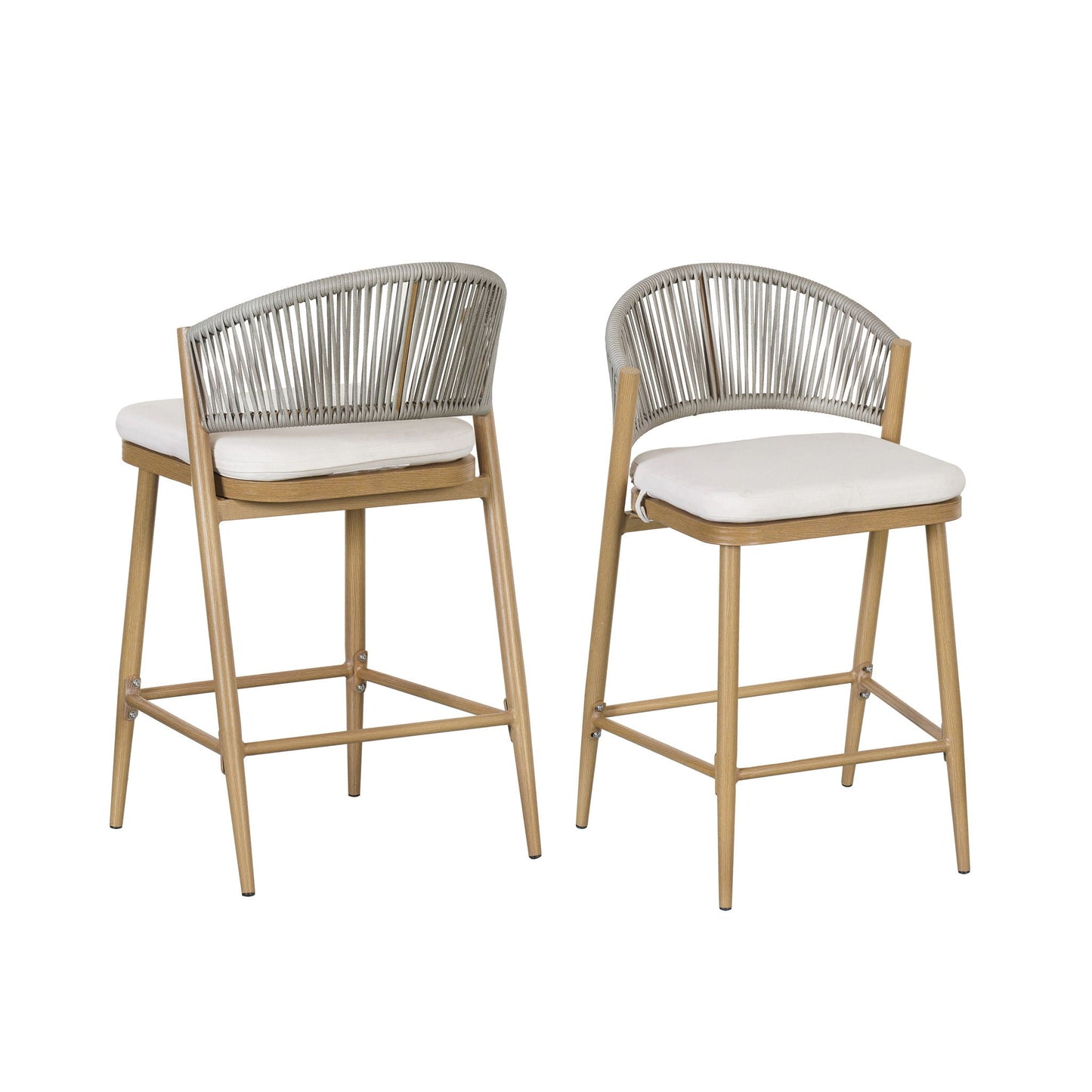 Outdoor 26-inch counter height stool set with scalloped rope-back and white cushions, wood legs on Tampa Home & Garden Store