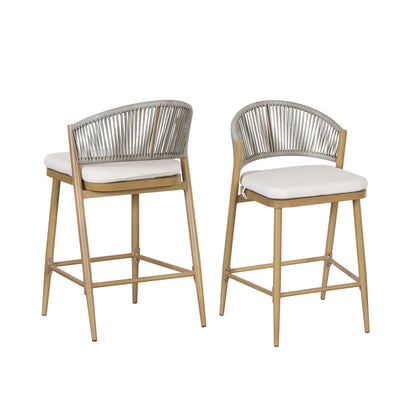 Outdoor 26-inch counter height stool set with scalloped rope-back and white cushions, wood legs on Tampa Home & Garden Store