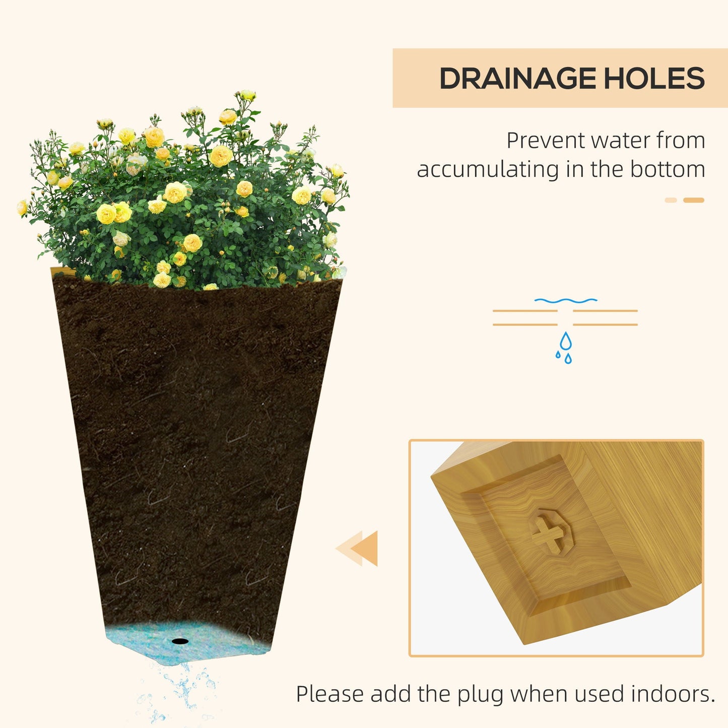Outsunny 3-pack planters, large tapered faux-wood plastic pots with drainage holes and plug on Tampa Home & Garden Store