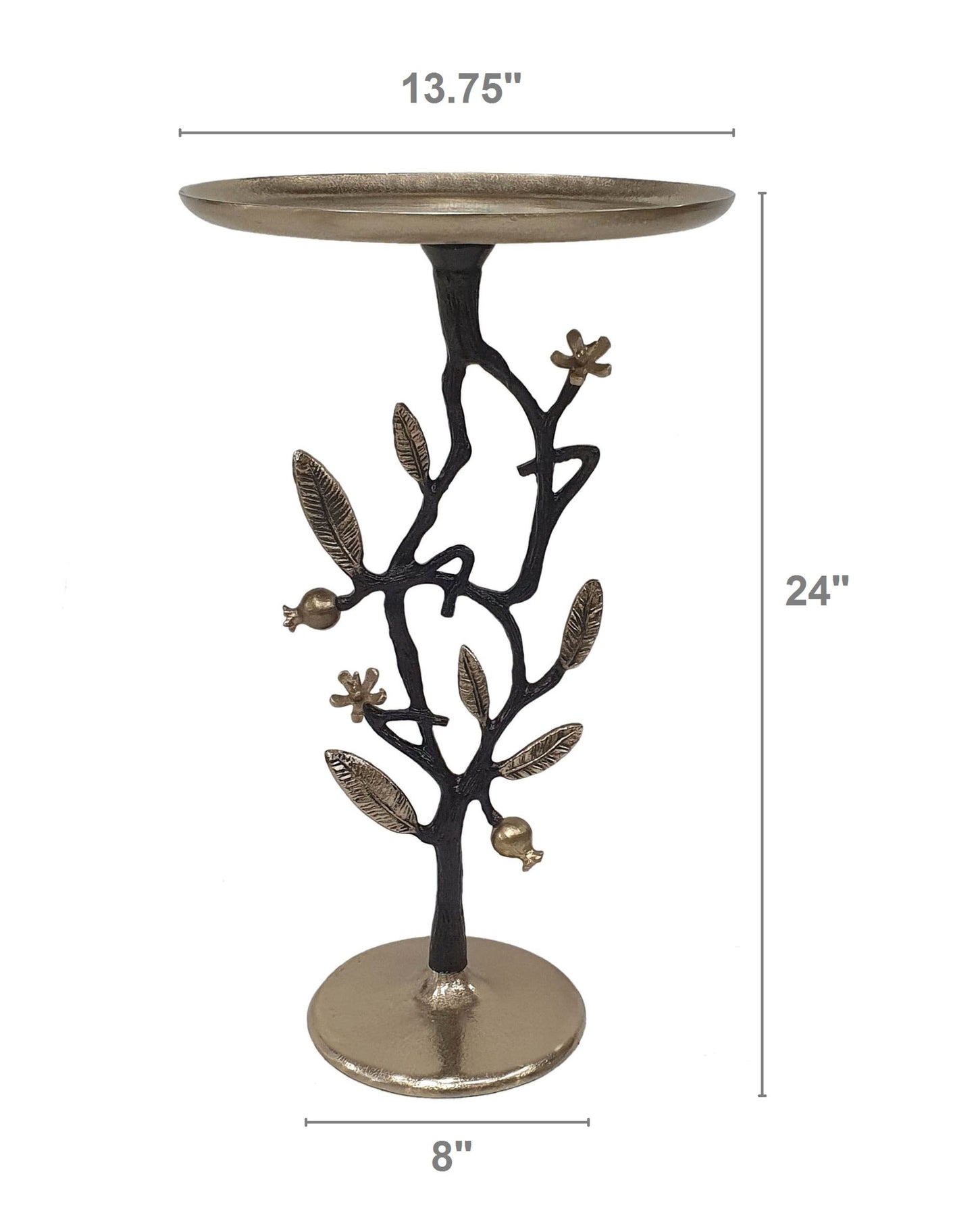 End table black and gold aluminum with pomegranate design, 13.8in dia, 24in tall on Tampa Home & Garden Store