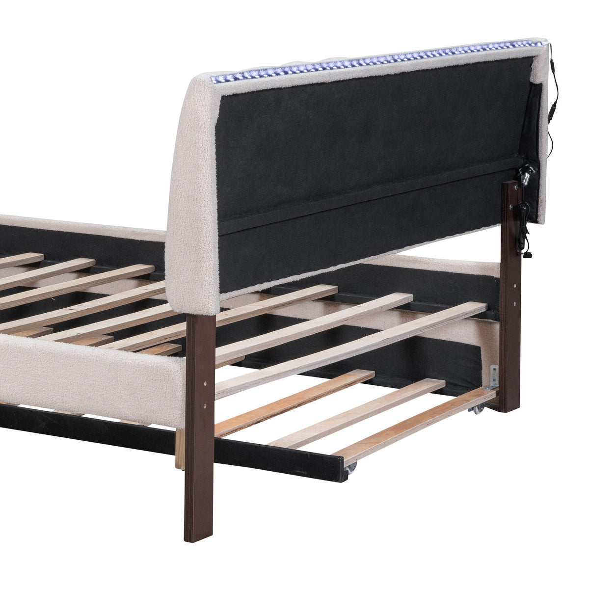 Upholstered platform bed with trundle in beige fabric, black headboard panel, HouseOfZazla on Tampa Home & Garden Store
