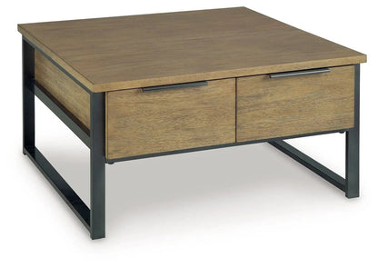Montia Table, cocktail table with 2 drawers and wood top on dark metal frame on Tampa Home & Garden Store