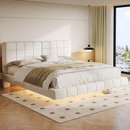Floating Bed with Light and Soft Touch Surface beige upholstered low platform HouseOfZazla on Tampa Home & Garden Store