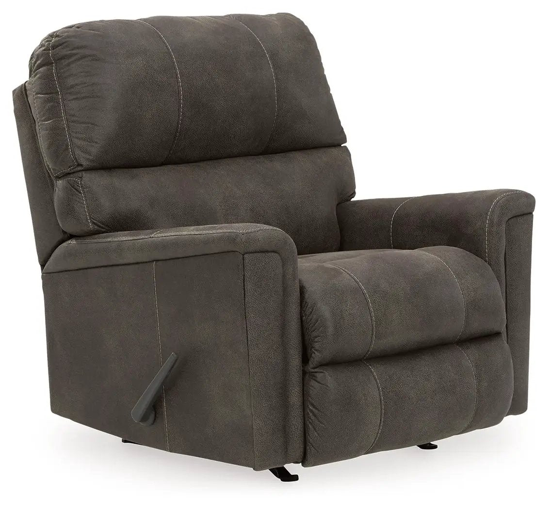 Navi Rocker Recliner in dark gray upholstery with visible contrast stitching and side lever on Tampa Home & Garden Store
