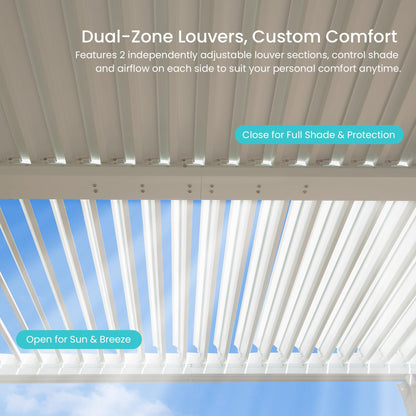 10x12 ft outdoor louvered pergola by HouseOfZazla, white with adjustable louvers on Tampa Home & Garden Store