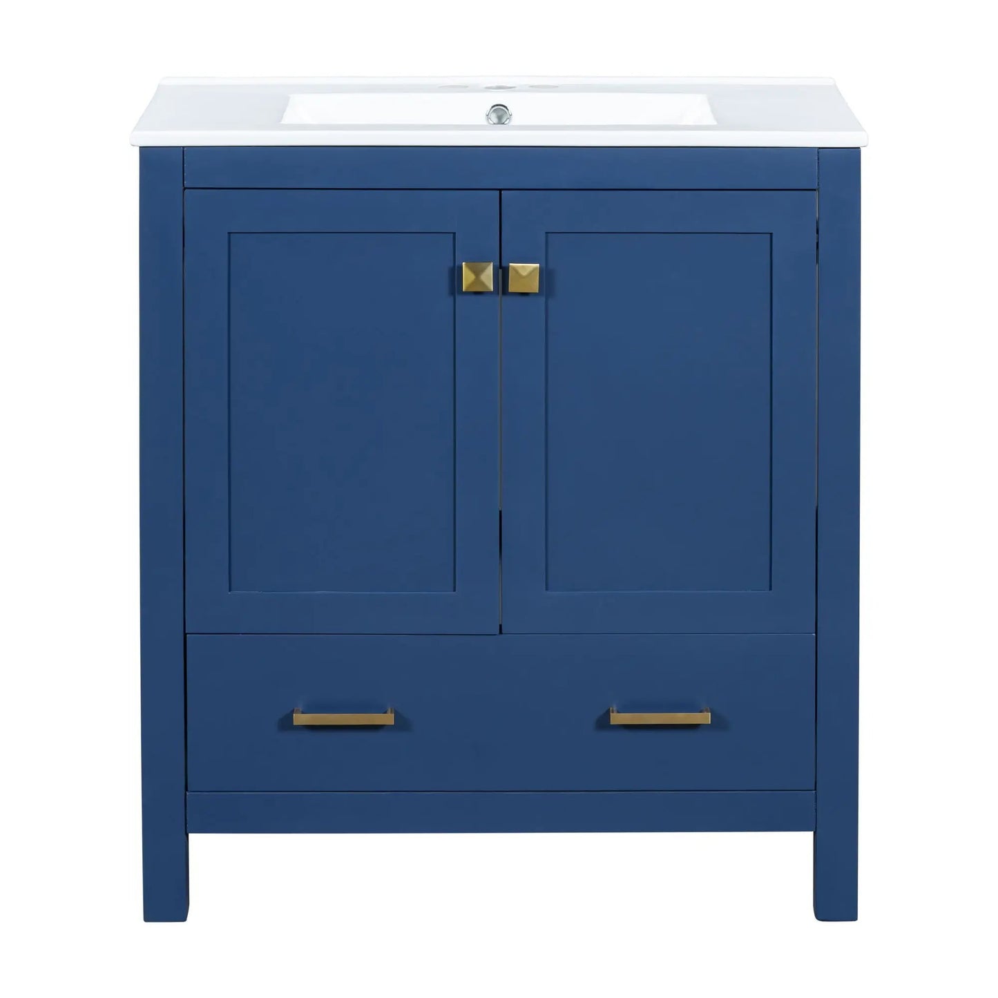 Bathroom vanity with single sink in blue, white countertop, doors with brass pulls on Tampa Home & Garden Store