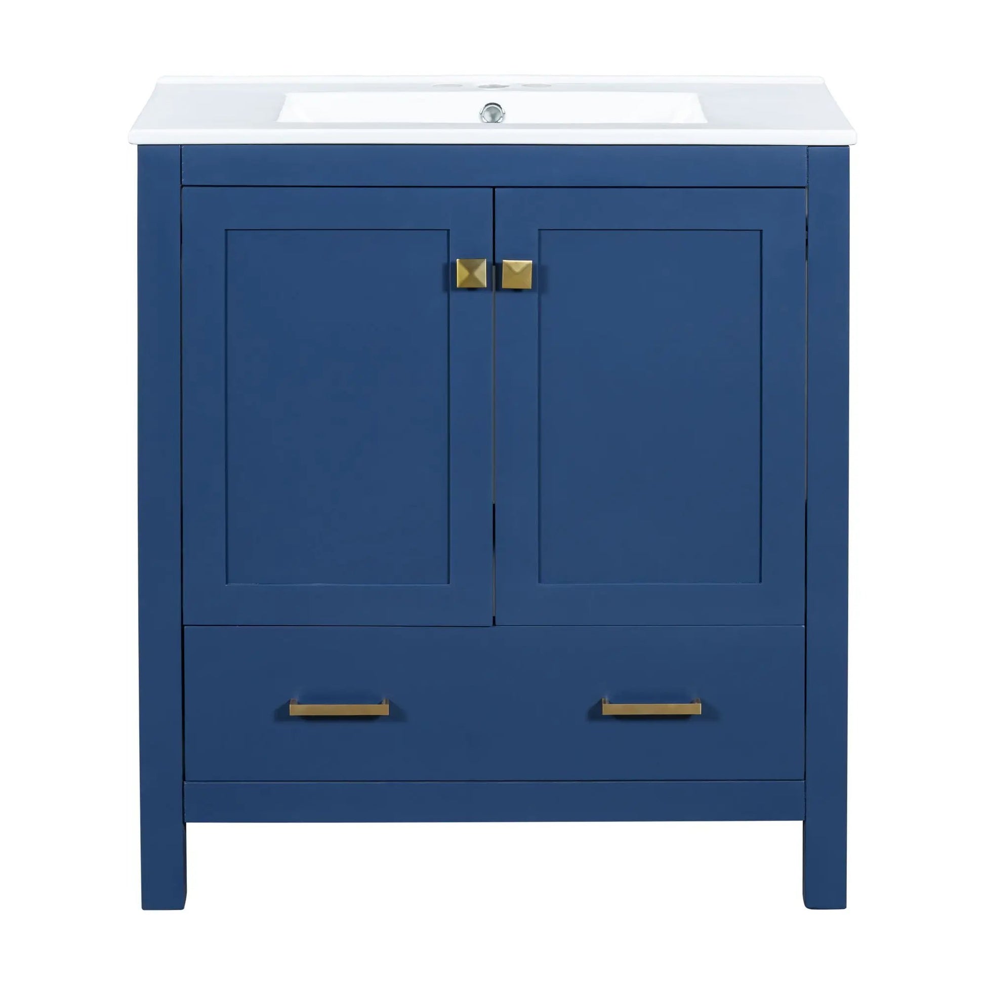 Bathroom vanity with single sink in blue, white countertop, doors with brass pulls on Tampa Home & Garden Store