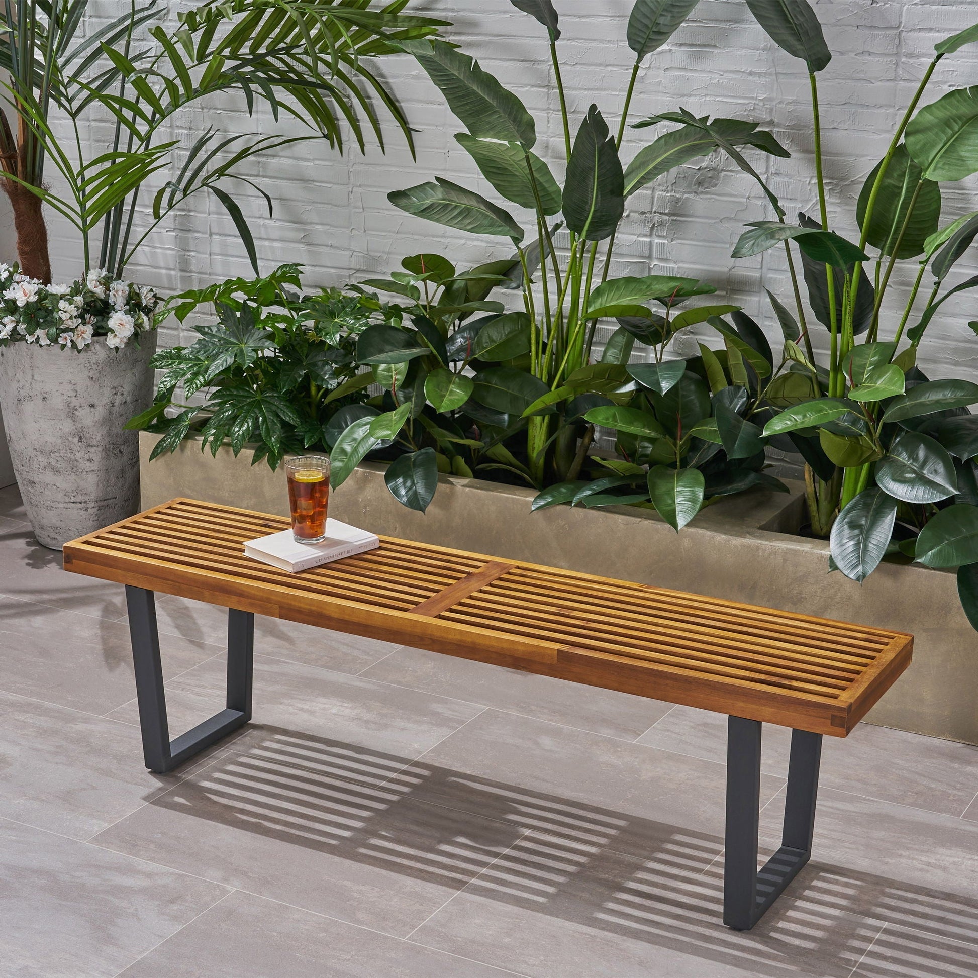 Intrinsic Outdoor Dining Bench With Slat Top by HouseOfZazla, wood slats, black legs on Tampa Home & Garden Store