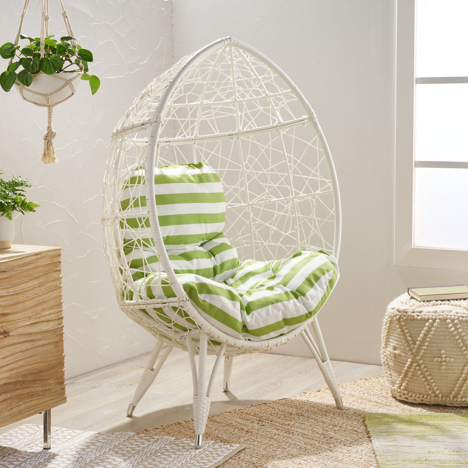 Cosmos round hammered iron teardrop chair white lattice frame with green striped cushion on Tampa Home & Garden Store