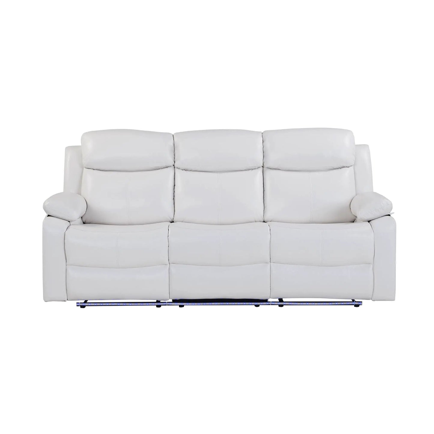 Blanche reclining sofa with LED lights, white leather upholstery, blue LED base strip on Tampa Home & Garden Store