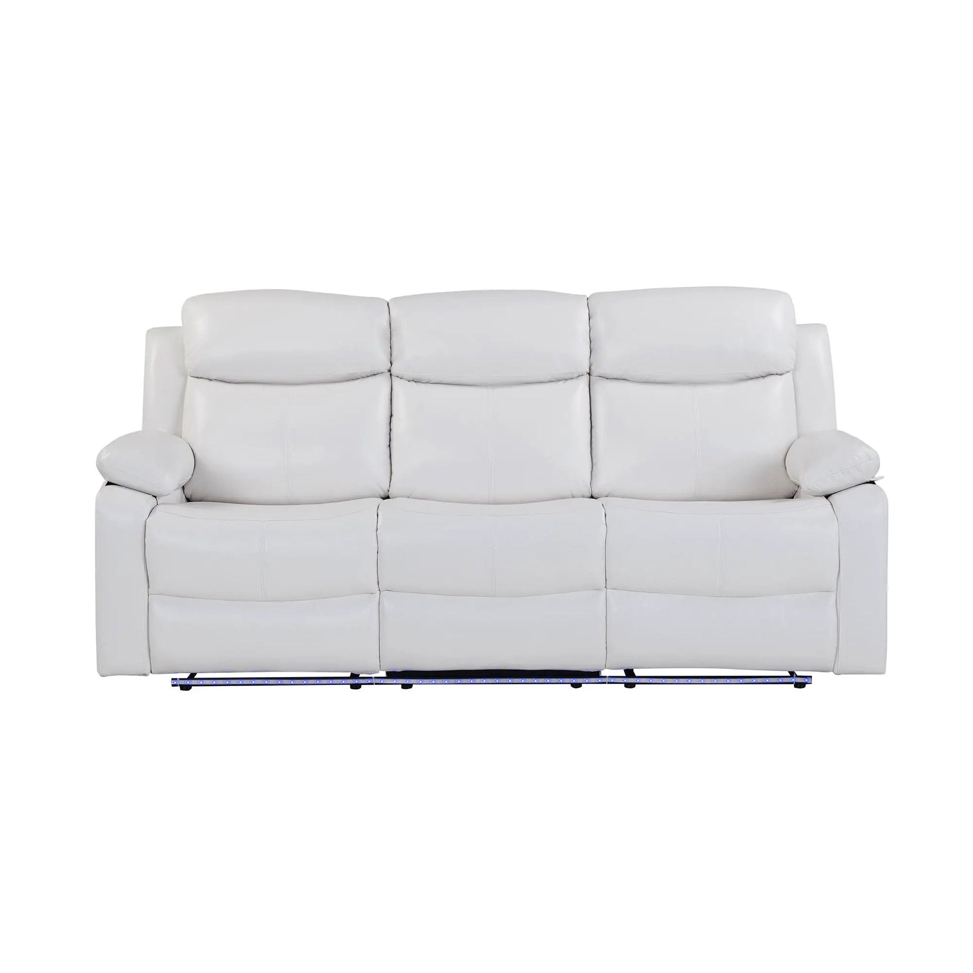 Blanche reclining sofa with LED lights, white leather upholstery, blue LED base strip on Tampa Home & Garden Store