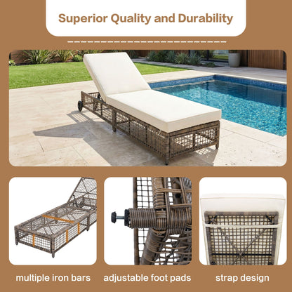 Outdoor chaise lounge HouseOfZazla wicker with white cushion, 5-pos backrest, wheels on Tampa Home & Garden Store