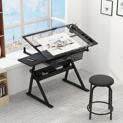 Adjustable Glass Drafting Table with Chair