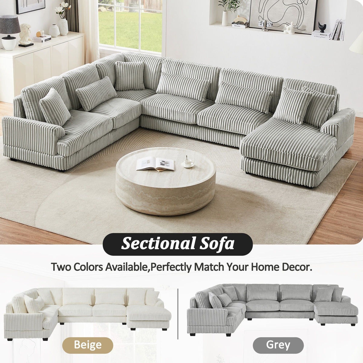 U-shaped sectional sofa gray with chaise lounge and ribbed upholstery by HouseOfZazla on Tampa Home & Garden Store