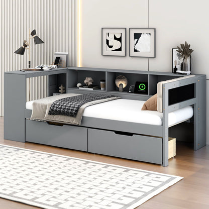 Upholstered storage bed from HouseOfZazla with shelves, drawers and charging station gray on Tampa Home & Garden Store