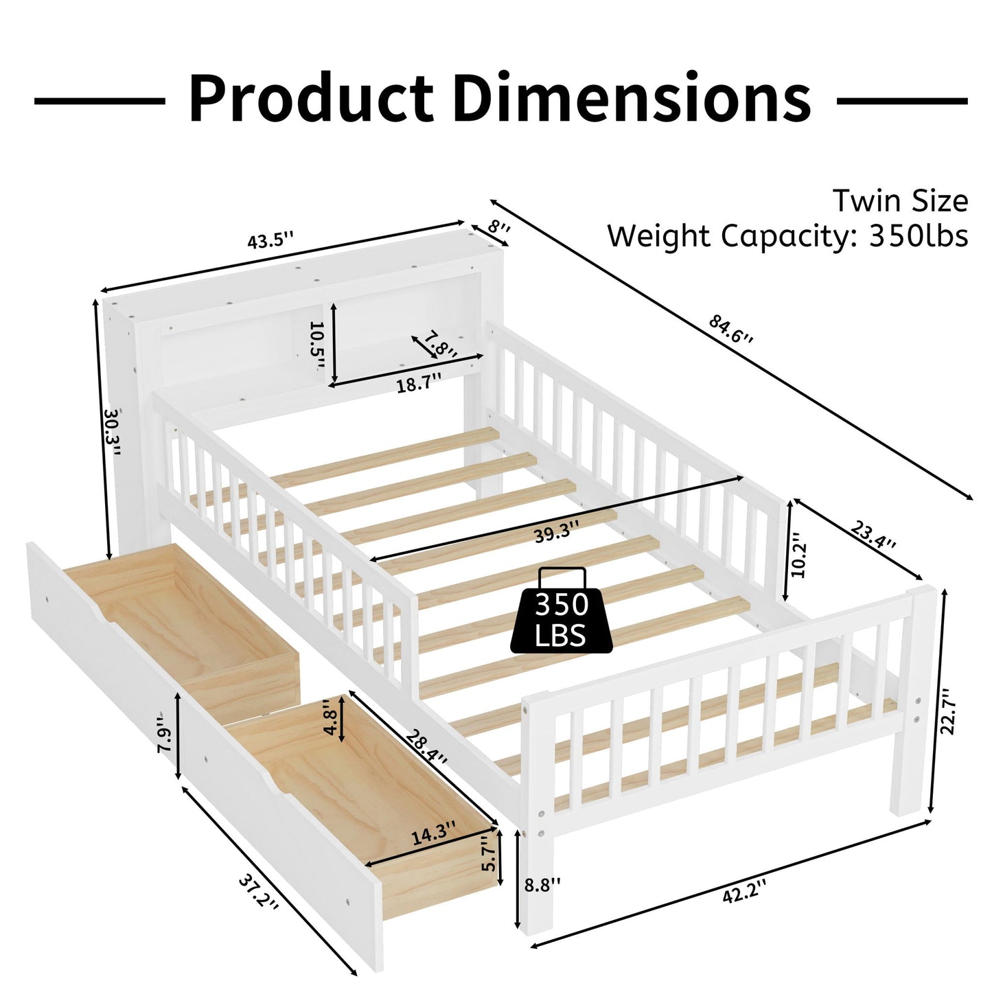 Bed with headboard storage rack by HouseOfZazla, 2 under-bed drawers, 3 guardrails on Tampa Home & Garden Store
