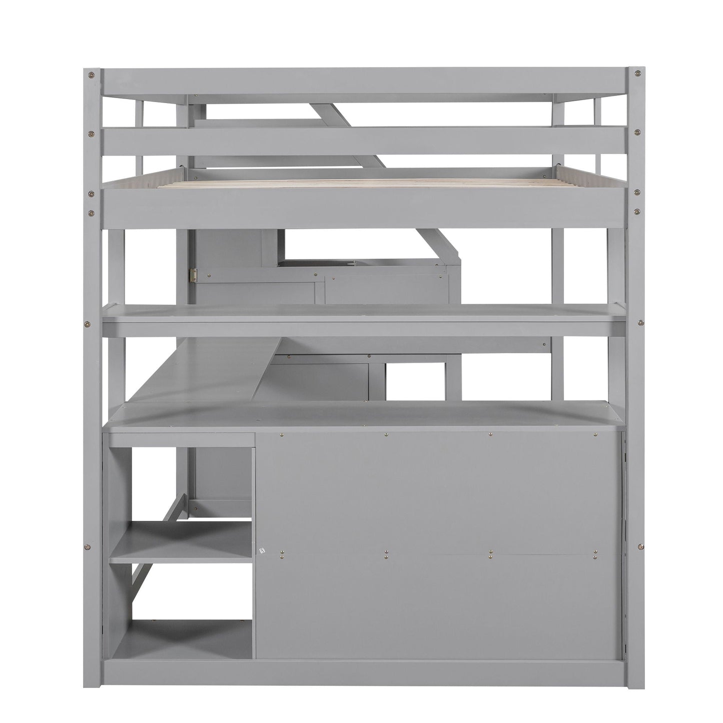 Loft bed with desk and storage staircase in gray finish shelves and 2 drawers on Tampa Home & Garden Store