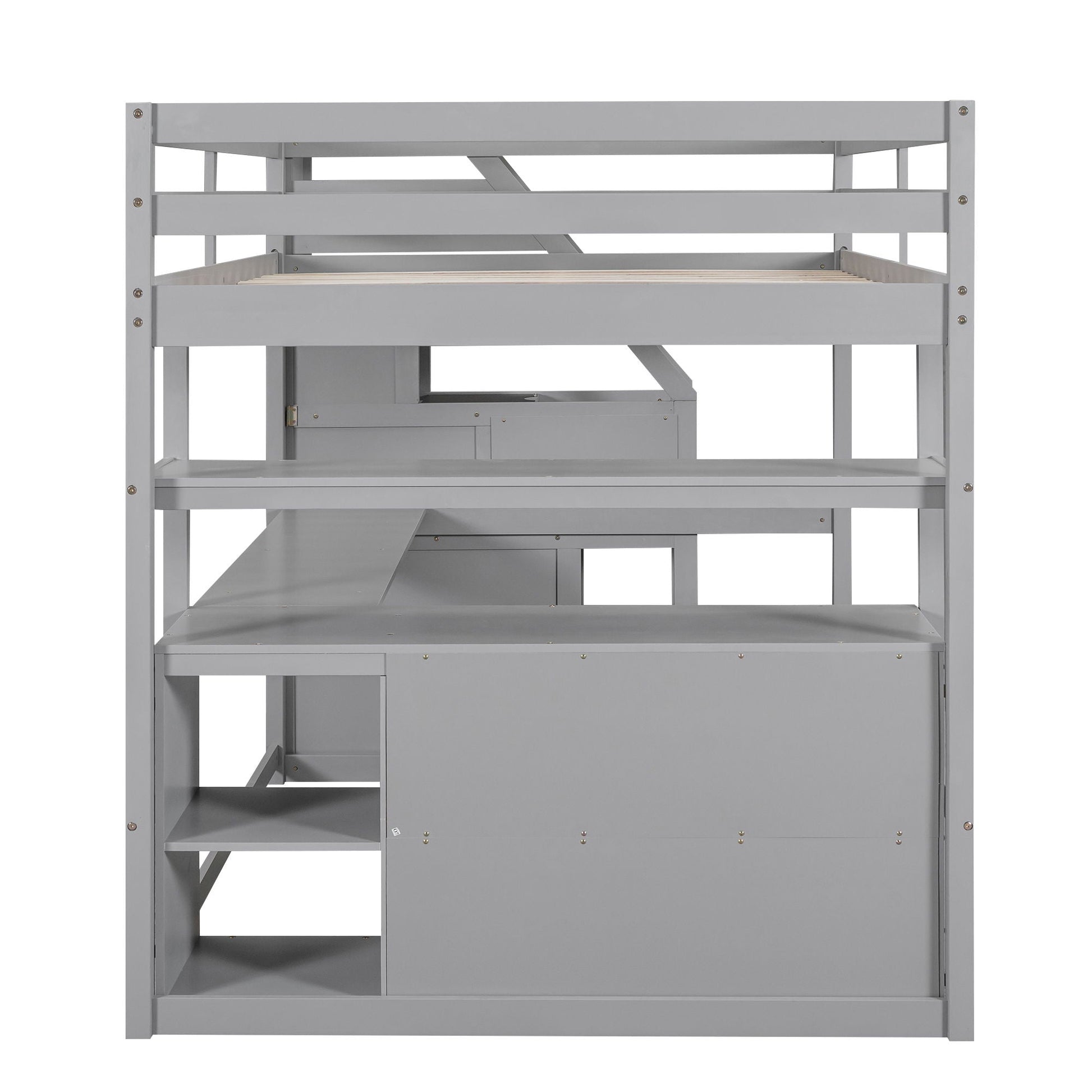 Loft bed with desk and storage staircase in gray finish shelves and 2 drawers on Tampa Home & Garden Store