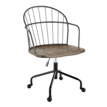 Farmhouse adjustable office chair with swivel, dark brown wood seat and wire back on caster base on Tampa Home & Garden Store