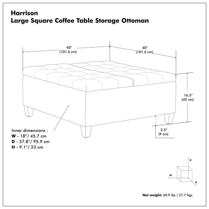 Harrison Large Square Coffee Table Storage Ottoman with tufted lid and tapered legs on Tampa Home & Garden Store