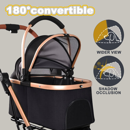 Pet Stroller for Dogs and Cats by HouseOfZazla, rose-gold frame, black mesh on Tampa Home & Garden Store