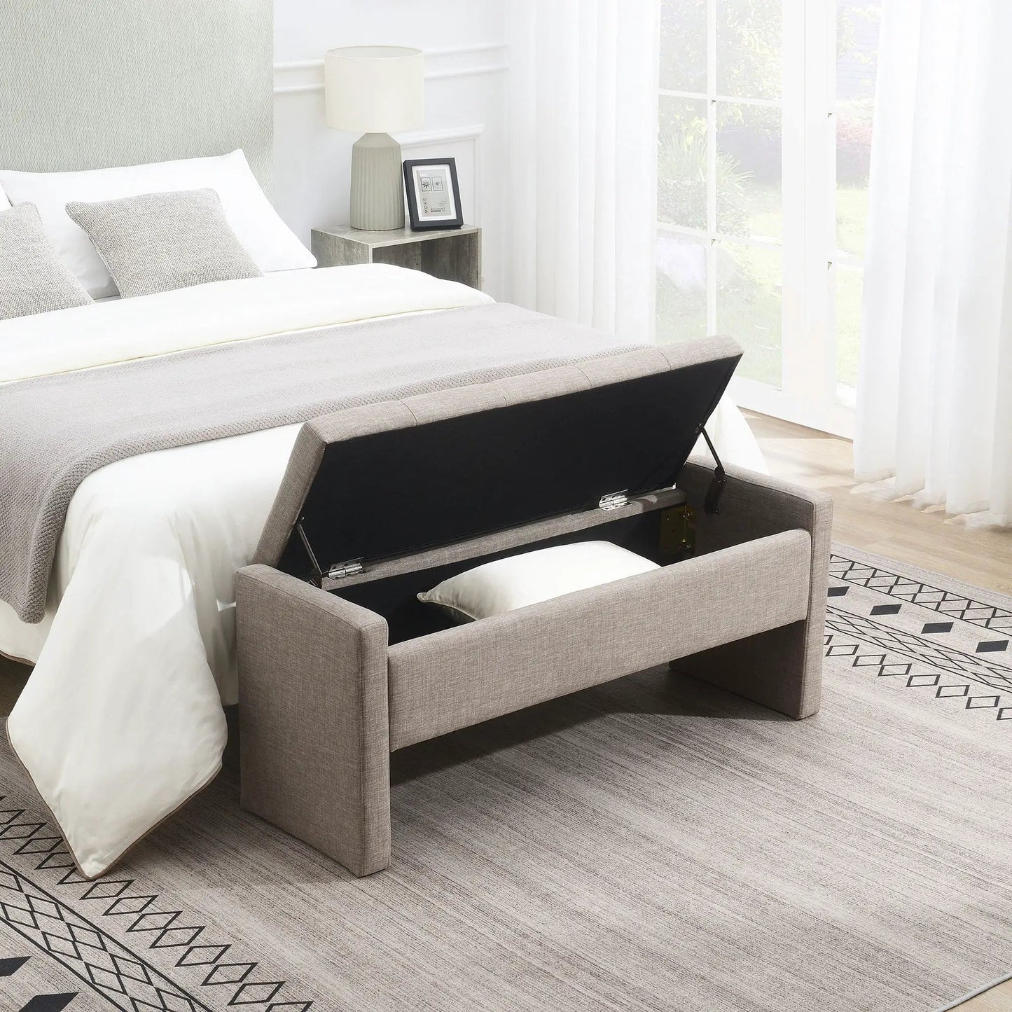 Modern upholstered bed end storage bench in gray fabric with hinged lid at foot of bed Unique Piece Furniture on Tampa Home & Garden Store
