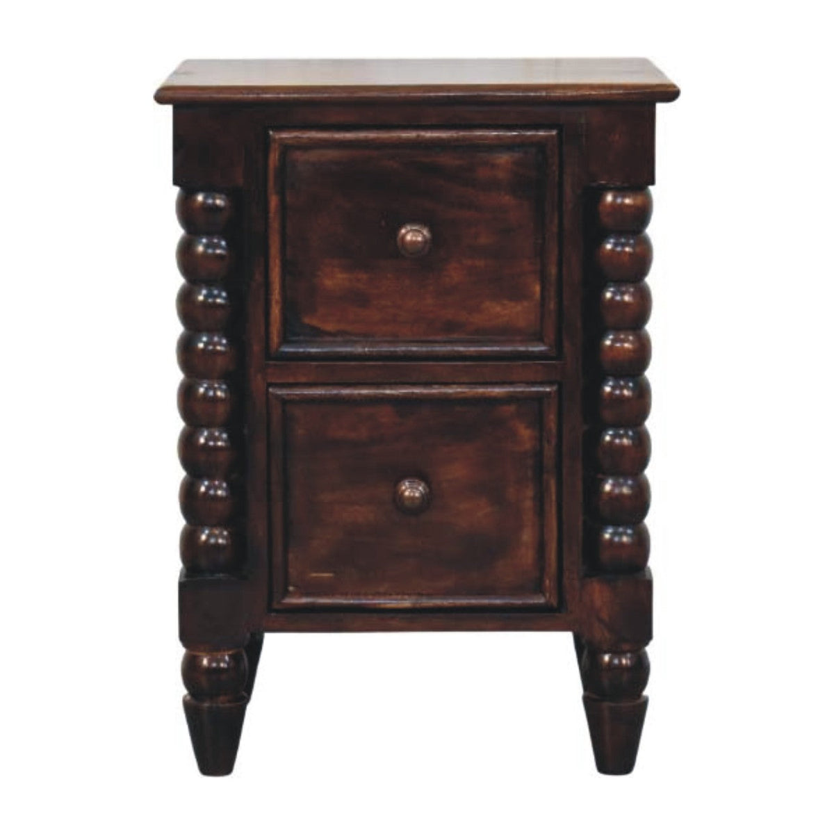 Solid Wood Spindle Duo Nightstand with Dual Storage, two drawers, dark brown finish on Tampa Home & Garden Store