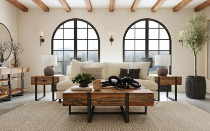 Prescott Modern Reclaimed Wood Rectangular Sofa Tables in Honey, end tables flank sofa on Tampa Home & Garden Store